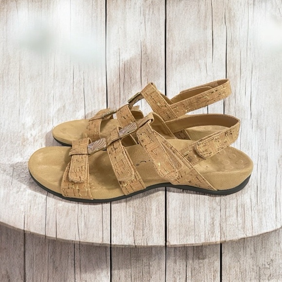 Vionic Amber Tan Gold Cork 3 Strap Adjustable Sandals Women's sz 8 - Picture 1 of 14